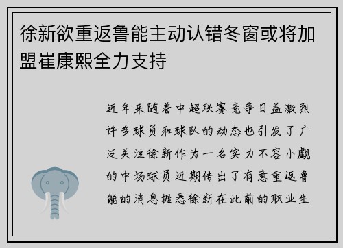 徐新欲重返鲁能主动认错冬窗或将加盟崔康熙全力支持