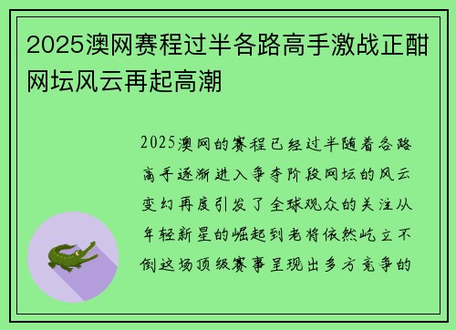 2025澳网赛程过半各路高手激战正酣网坛风云再起高潮